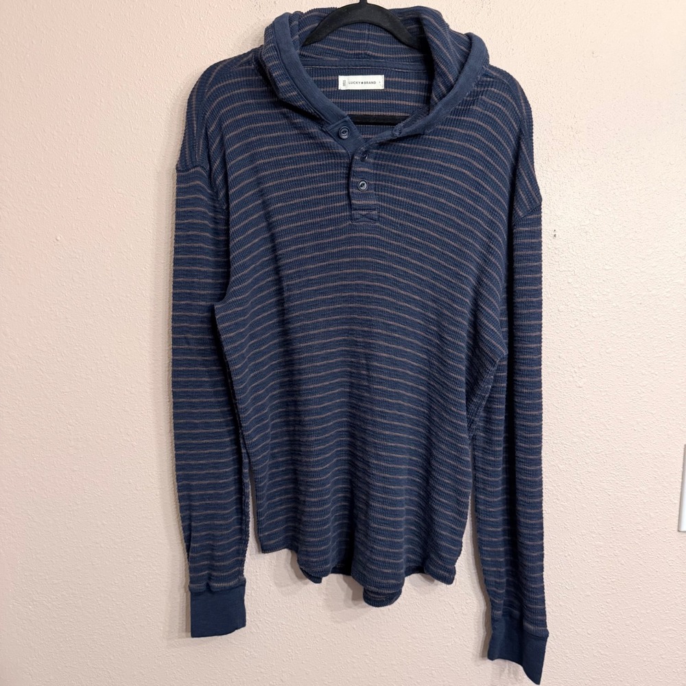 Lucky Brand Mens Thermal Henley Hoodie Navy Blue Brown Striped 7M62879 L